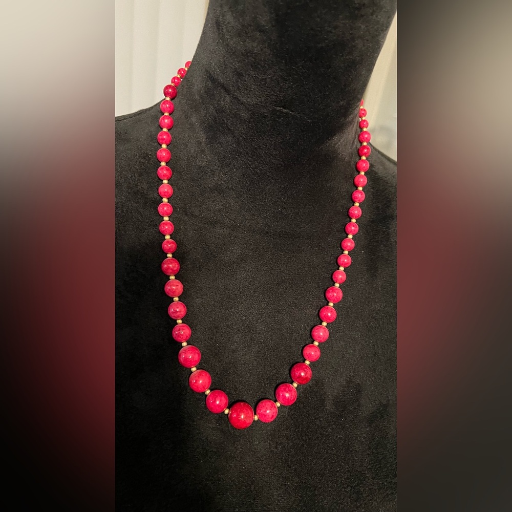 Vintage Red Lucite Gold Beaded 24” Necklace